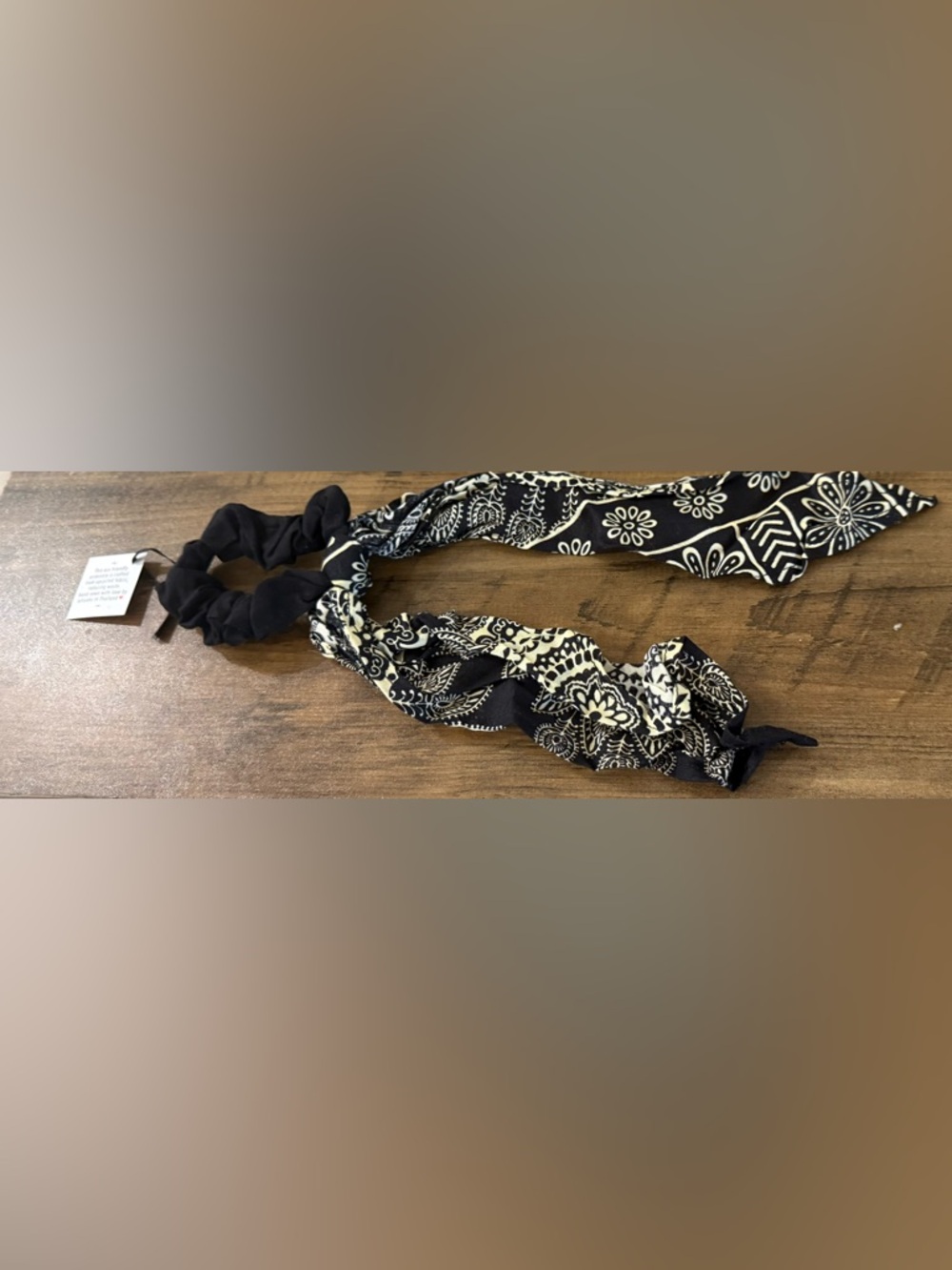Black & Cream Printed Scarf Scrunchie Hair Tie
